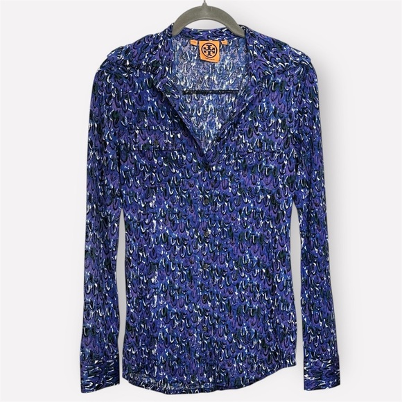 Tory Burch Long Sleeve Silk Blue and Purple Pattern Utility Button Down Top- XS - Picture 1 of 6